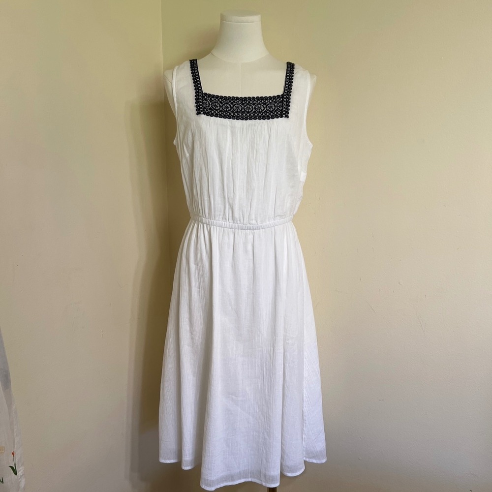 Talbots White Cotton Gauze Embroidered Square Neck Sleeveless Midi Dress Size 2